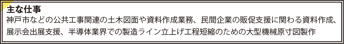 神戸市などの公共工事関連の土木図面や資料作成業務、民間企業の販促支援に関わる資料作成、展示会出展支援、半導体業界での製造ライン立上げ工程短縮のための大型機械原寸図製作